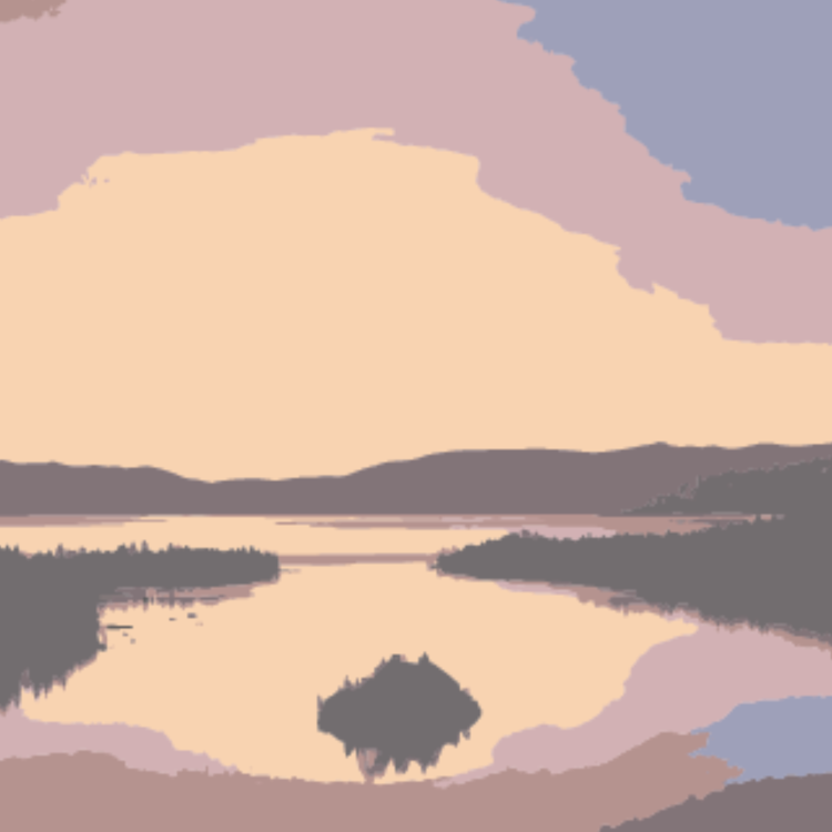 computer generated image of lake, island, trees in soft peach and brown colors