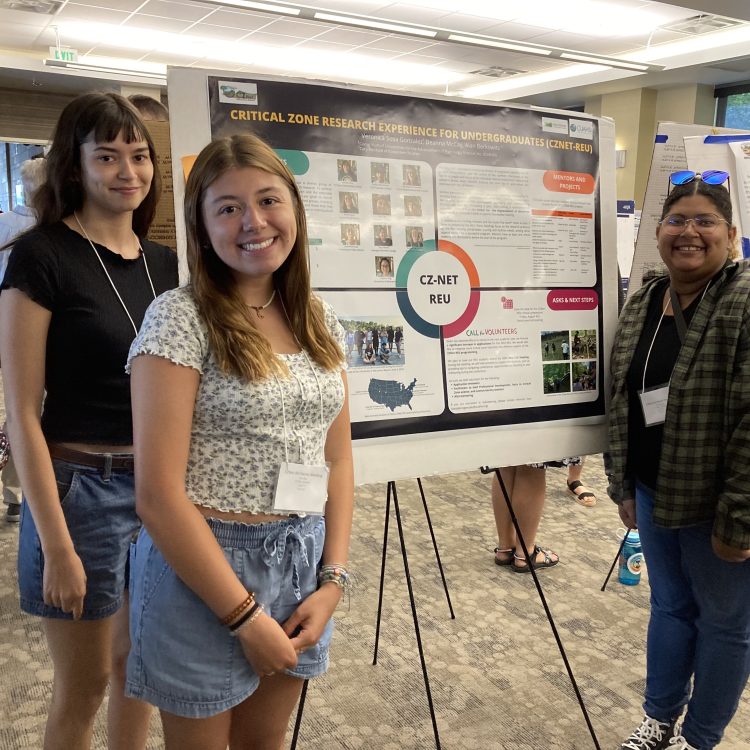 3 students standing in front of their scientific poster