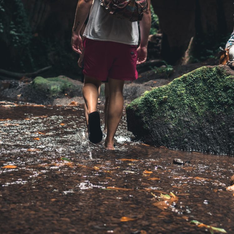 photo of people hiking through stream